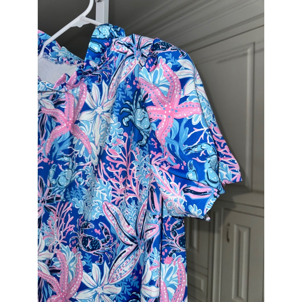 Simply Southern Ruffle Mock Neck Puff Sleeve Performance Top UPF 50+ Blue Pink L - Picture 3 of 8
